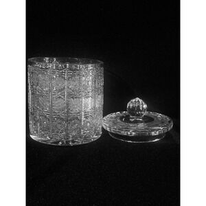 Heavy Lead Crystal Biscuit Barrel Cookie Jar Pinwheel Starburst Cut Glass Lid